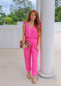 Jessica Shoulder Tie Jumpsuit- Hot Pink