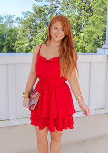 Belle Cowl Neck Tiered Dress- Red