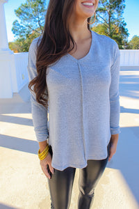 Ashley V Neck Long Sleeve High-Low Top- Grey