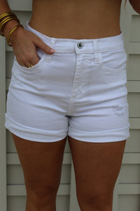 White Cuffed Distressed Shorts