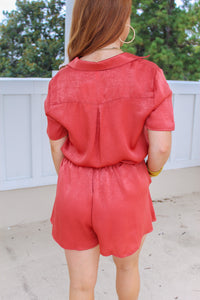 Amelia Short Sleeve Satin Romper- Apricot