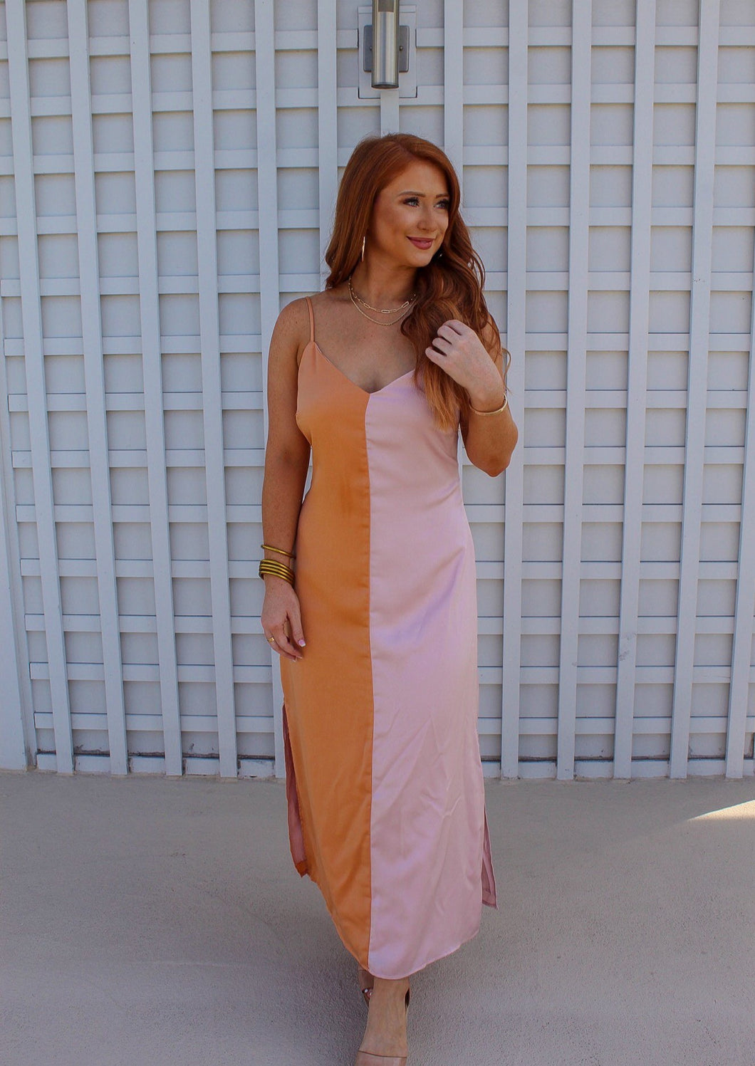 Creamsicle Satin Color Block Mini Dress-Orange/Pink Ginger Bee Boutique Creamsicle Satin Color Block Mini Dress-Orange/Pink Ginger Bee Boutique