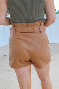 Marcie Tie Belted Paper Bag Shorts- Brown