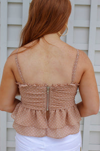 Madeline Ruched Polka Dot Crop Top- Taupe