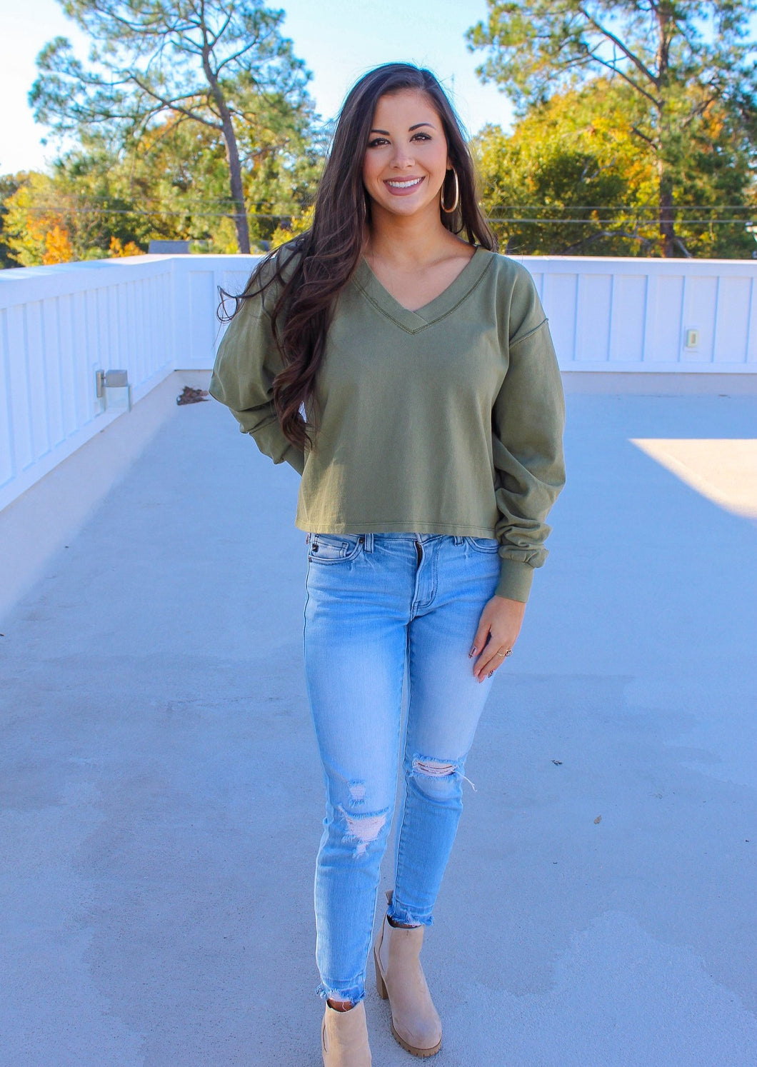 Logan V Neck Long Sleeve Crop- Olive