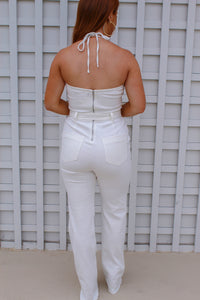 Kristen White Denim Halter Belted Jumpsuit